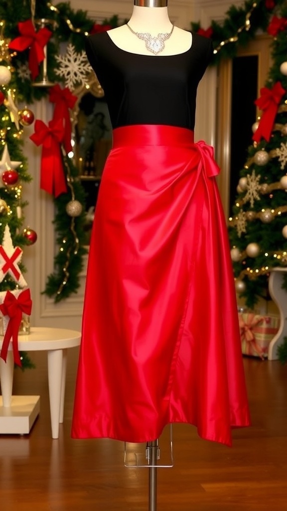 Elegant red satin skirt displayed on a mannequin with Christmas decorations in the background.